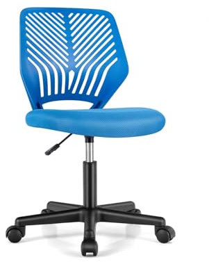 GYMAX Schreibtischstuhl, höhenverstellbarer Arbeitsstuhl mit 5 Lenkrollen, armloser Kinderdrehstuhl mit ergonomischer Rückenlehne, Drehstuhl für das Büro, Zuhause & Schule (Blau)