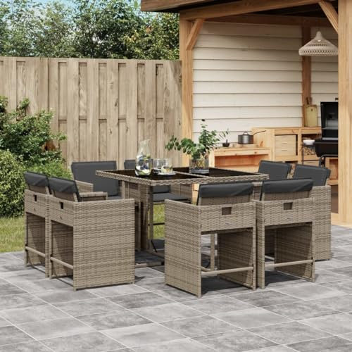 Keyroto 9-TLG. Gartenmöbel Set 8 Stühle mit Tisch Sitzgruppe Garten Essgruppe 8 Personen Garten Essgruppe Gartengarnitur Rattanmöbel Esstisch Sitzgarnitur Gartentisch mit Kissen Poly Rattan Grau