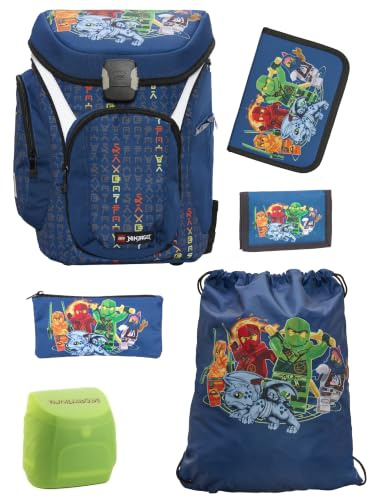 Familando - Schulranzen Set 6-teilig mit Federmappe - Ninjago Blau - Ergonomisch, stabil & mit gepolstertem Rücken - 1250g leicht mit 16L Volumen - wasserabweisend und mit Reflektoren - Ab 1. Klasse
