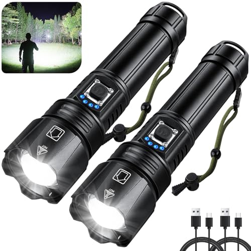 GDPLUS Linternas recargables de alto lúmenes, paquete de 2, 990,000 lúmenes, linterna LED súper brillante con cable USB, 5 modos de potente luz impermeable para el hogar, camping