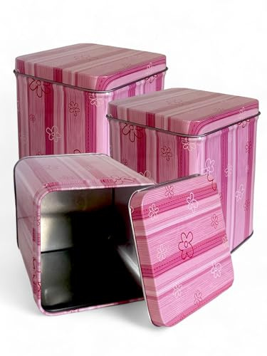 vienberg 3 Stück Blech Geschenkdose | Metall Keksdose, Teedose, Vorratsdose Quadratisch mit Motive 11cm hoch, Geschenkbox, Stülpdeckeldose Metall Aufbewahrungsbox (Pink)