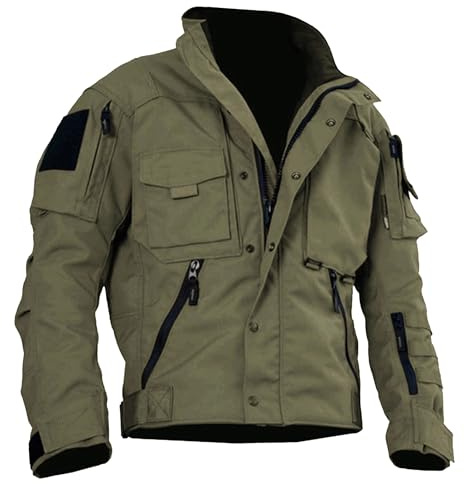 Tiwate Giacche tattiche da uomo cargo da esterno multi-tasche colletto alla coreana giacche militari giacca a vento in cotone leggero, Verde militare, XL