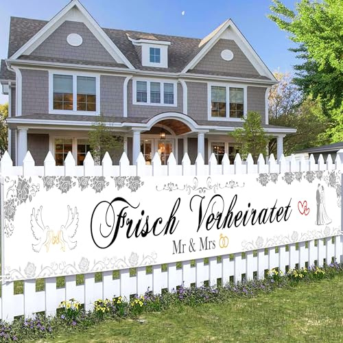 Frisch Verheiratet Banner Hochzeit Deko - Hochzeitsdeko, Just Married Banner, Mr Mrs Geschenk, Elegant Hochzeitszeremonie Garten Haus Wand Hochzeitsbanner, für Brautpaar Brautdusche 274 x 37 cm