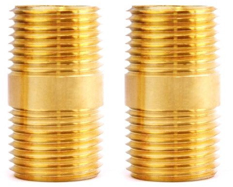 LSTOPGO 1/2 Brass Nipple Pipe Fittings,1/2 NPT x 1/2 NPT Male Thread Extender Straight Connector, 1-1/2 Length 1200psi (2 Pack)