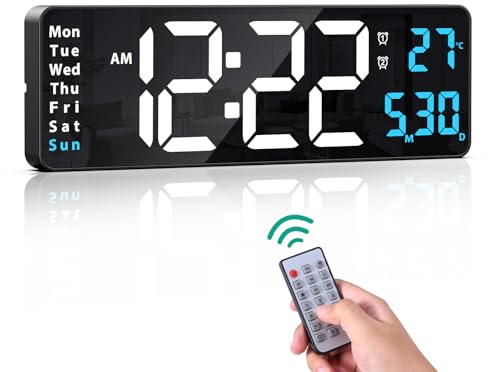 ORIA 16'' Reloj de Pared Digital, Reloj de Pared LED con Pantalla Grande, Reloj Despertador con Control Remoto, 2 Juegos de Alarma, Brillo y Temporizador Ajustables, Hora/Fecha/Temperatura - Azul