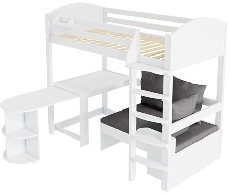 Azkoeesy Hochbett 90 x 200 cm, mit Schreibtisch erweiterbare, mit Sofa, Polster und 3 Kissen, mit Stauraum, multifunktionales Kinderbett, Jugendbett, Einzelbett, weiß