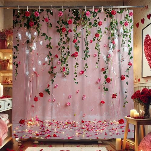 Rose Floral Shower Curtain, Blush Peach Greenery Flower Shower Curtain for Bathroom Decor, Valentine’s Day Spring Summer Modern Waterproof Fabric Shower Curtain Set with Hooks 62x72 Inch