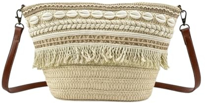 MODELISA - Bolso Bandolera Capazo Rafia Paja Con Conchas Y Flecos Estilo Bohemio Mujer