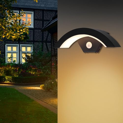 ALLOMN Outdoor Wall Light with Motion Sensor, IP65 Waterproof Black Outside Wall Lamps with Sensor Indoor Wall Sconce Warm White for Garden Bathroom Bedroom Living Room Doorway Hallway Porch