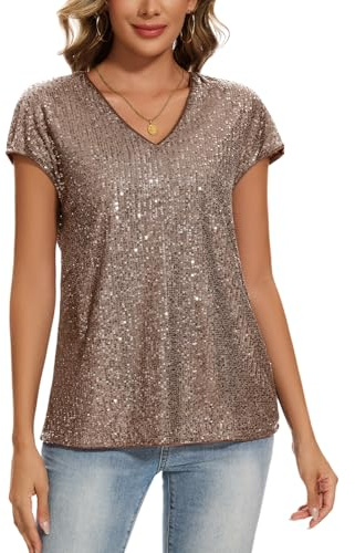 MINTLIMIT Damen Elegant Pailletten Glitzer Oberteil Festliche Bluse Kurzarm Tunika Lässig V-Ausschnitt (Dunkel Champagner L)
