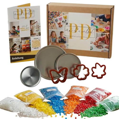 13-tlg. Kreativ-Set Schmelzgranulat – Bunte Kunststoff-Perlen & Gießformen für Fensterbilder und Mobiles, leuchtende Fensterbilder & Kunstwerke – Inkl. Formen & Anleitung, Made in Germany
