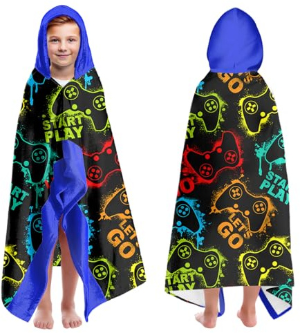 CZZDERAM Gamepad Beach Towels for Boys for Kids Ages 4-8, gaming Hooded Bath Towels Wrap for Toddler Teen Gamer Boy 30x50 inch Quick Dry Blue Toddler Towel Boys Perfect for Beach Pool Swimming