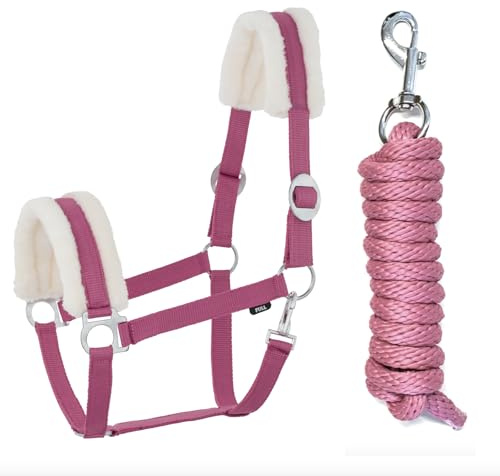 JA Horse JA4003 Kunstfell Halfter Führstrick Set mit Karabinerhaken verstellbar Pferdehalfter Pferd Holzpferd Anbindestrick (Kunstfell Karabinerhaken Pink, Full) | Comfort Pferdehalfter mit Kunstfell Führstrick Set, verstellbar mit Karabinerhaken für Pferd Holzpferd
