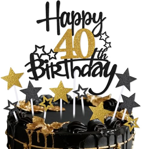 mciskin Black Gold 40th Birthday Cake Topper,40th Birthday Decorations for Men Women,Black and Gold Star Cupcake Toppers,Personalised Cake Toppers for Women Men Birtdhay Party Decorations