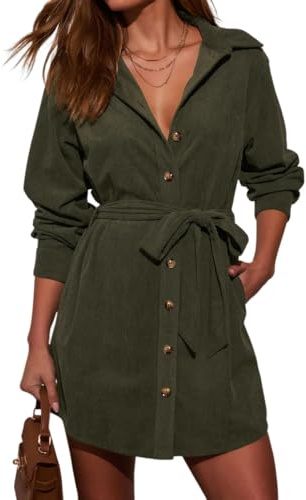 R.Vivimos Herbst Winter Damen Langarm Cordkleid V-Ausschnitt Knopf Hemd Minikleid Kleid mit Taschen(L,ArmeeGrün)