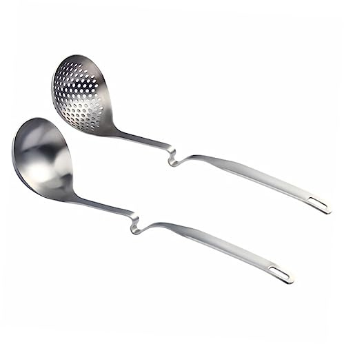 Alipis 2 pièces Louche Inox avec Cuillère et Écumoire Acier Inoxydable Manche Long avec Crochet Ustensile de Cuisine pour Soupe Hot Pot et Buffet
