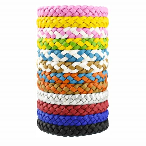 BODYA 12 Pack Adjustable Mosquito Pest Repellent Bracelets Reusable Leather Deet-Free Wrist Bands Multicolors