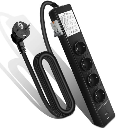 MDee RCD Steckdosenleiste mit USB, 4-Fach Mehrfachsteckdose mit Fi Schutzschalter, 3m Kabel Verlängerung, 3680W 16A überspannungsschutz, Steckdosenleiste Wandmontage, für Haushalt Geräte, Laptop, Büro