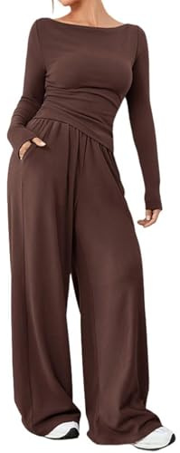 crazy bean Tuta Sportiva Invernale e Casual da Donna Tuta da Donna Elegante Curvy 2 Pezzi Casual Completa Manica Lunga Set Maglia a Pantaloni Sportivi con Elastico in Vita Marrone Caffè S