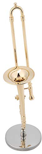 Srliya Replica di Trombone in Miniatura Placcato Oro con Supporto, Ornamenti Modello di Strumento per Bambini e Amici Musicisti, Fornito con in Legno