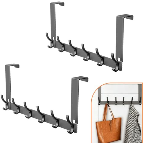 2 Stück Türgarderobe Innenseite mit 6 Haken, Schwarz Matt Metall Ohne Bohren Türhaken zum Einhängen, Praktischer Badezimmer Tür Kleiderhaken für Schlafzimmer, Wohnzimmer, Badezimmer Handtuchhalter