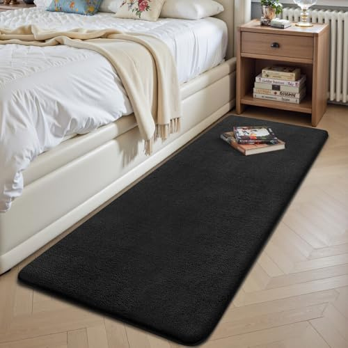 Treeboy Teppich Wohnzimmer Teppichläufer Schwarz Schlafzimmer 60x200 cm | Kurzflor Waschbar rutschfest Flauschig Teppiche Gegend Läufer Flur Teppiche Carpet für Jugendzimmer Kinderzimmer Eingang