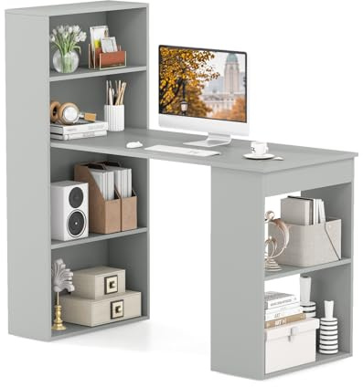 COSTWAY Computer Desk with Storage Shelves (Grey, 122 x 55 x 120cm) | Wooden PC Laptop Workstation with 6-Tier Bookshelves, Modern Home Office Writing Study Desk