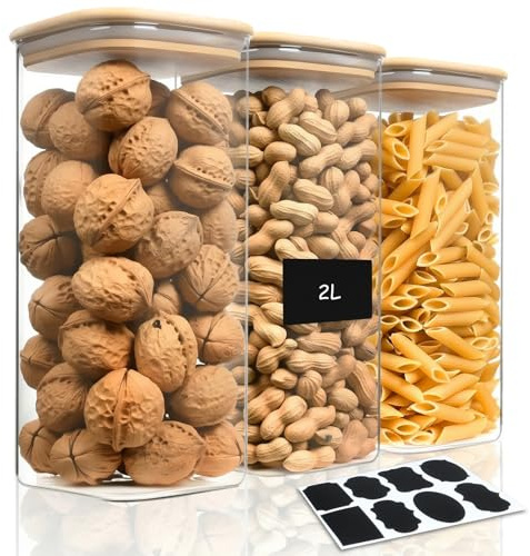 AOOTE Barattoli di Cucina in Vetro, Set di 3 Barattoli in Vetro Borosilicato, 2000ml Barattolo Vetro con Coperchio, Barattolo e Contenitori con Etichette, per Cereali, Pasta, Zucchero, Caffè, Spezie