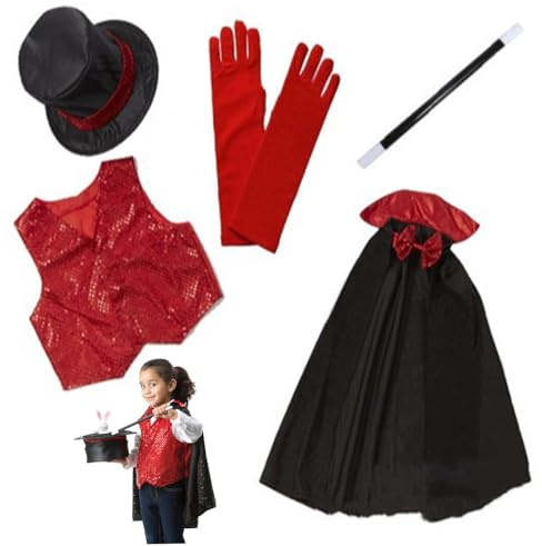 Pineeseatile 5 st/set trollkarlskostym barn låtsas spela rollspel tyg magikerset inkluderar hatt, väst, trollspön, cape, handske barn utklädningsdräkter för halloween, fest, för daglig användning