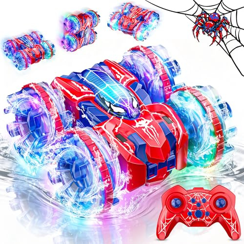 Spider Macchina Telecomandata per Bambini, 2.4GHz Anfibio Auto Radiocomandata, Macchina Giocattolo Gioco Ruota di 360° & Luce LED, Giochi Regalo Compleanno Natale Bambino 3 4 5 6 7 8 9 Anni Maschio