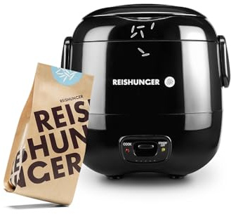 REISHUNGER Mini Reiskocher – 0,3L – 1-2 Portionen – Starterset – Schwarz | hochwertige Keramikbeschichtung – Premium Topf – Handliche Größe – Im Vorteils-Set mit 8 leckeren Reissorten