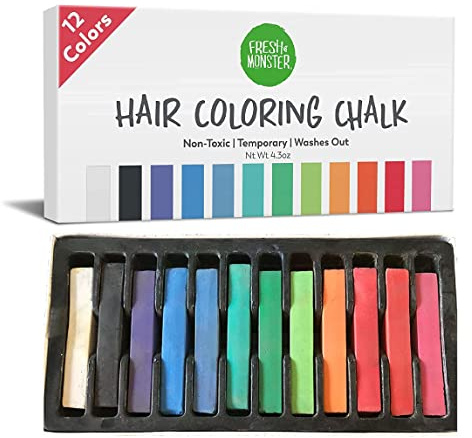 Fresh Monster Temporary Hair Coloring Chalk 12 Bright Colors Washes Out Easily Girls and Boys Non-Toxic and Safe for All Ages, Hair Colors and Textures Great Gift Idea