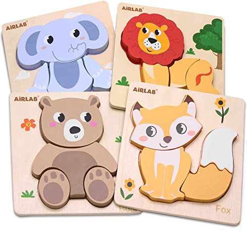 Airlab Holzpuzzle Holzspielzeug für Kinder, Steckpuzzle Montessori Spielzeug, 4er-Set Puzzle Lernspielzeug Pädagogisches Spielzeug Geschenk
