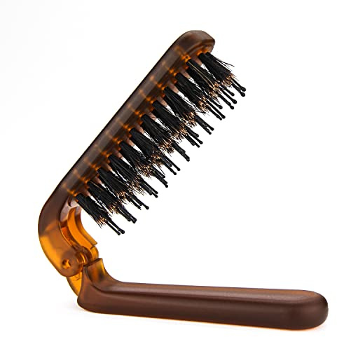 Travel Folding Hair Brush, Collapsable Portable Pocket Boar Bristle Hair Brush for Thin Thick Hair, Mini HairBrushfor Men Women Kids Thick Thin Curly Straight Wet Dry Hair Restore Shine Fold x1 Amber
