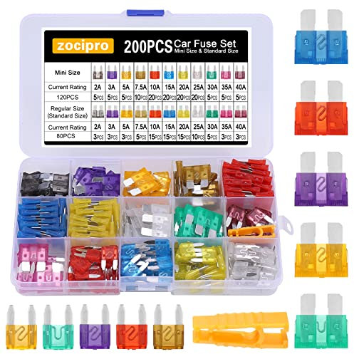 Zocipro 200Pcs Car Fuses Assorted, 120 Mini Blade Fuse +80 Standard Car Fuse+1 Fuse Puller, Replacement Kit For Car Boat Truck SUV (2A 3A 5A 7.5A 10A 15A 20A 25A 30A 35A 40A)