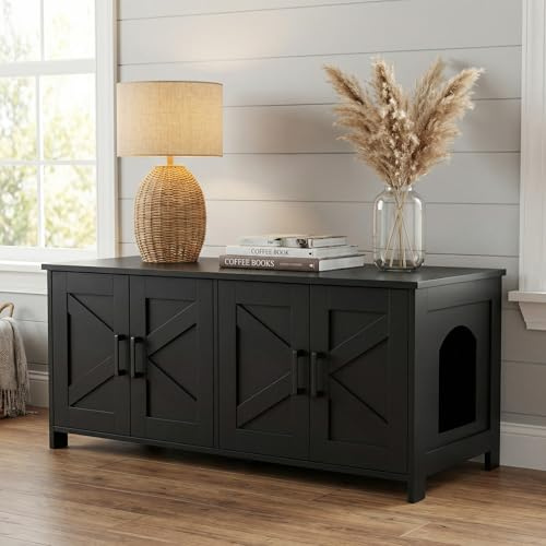 Homhedy Caja de arena para gatos para 2 gatos, mueble de caja de arena oculta con habitación doble, muebles de madera para baño, casa para gatos, 47.2 pulgadas de largo x 19.7 pulgadas de ancho x 19.7