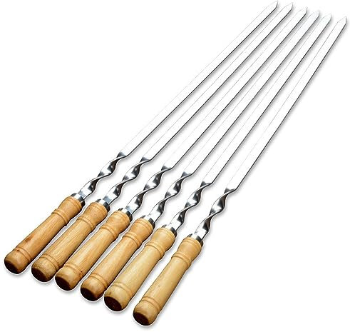 Spiedini per kebab, 6 spiedini piatti larghi in acciaio inox con manico in legno antiscottatura, spiedini di pollo lunghezza 60 cm, larghezza 1,1 cm e lunghezza manico 10,5 cm, Usato per barbecue.
