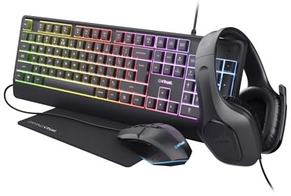 Trust Gaming GXT 792 Quadrox 4 en 1 Jeu Clavier et Souris Ensemble, Néerlandais QWERTY, Casque Léger avec Microphone, Tapis de Souris, Pack de Jeu pour PC, Ordinateur, Ordinateur Portable, Bureau -