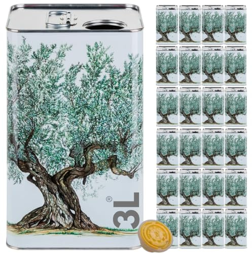 acquaverde | 24 Lattine per Olio di Oliva, Lattina Bianca con Serigrafia Albero di Ulivo, in Metallo, Contenitore Alimentare, Latta da 3 Litri con Tappo Ermetico e Maniglia