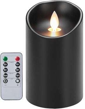 Koelaa Bougies sans flamme, bougies pilier LED avec télécommande, vacillante, bougie en cire véritable noire avec fonction de minuterie pour Noël, Halloween, festivals, décoration - 7,5 x 10 cm