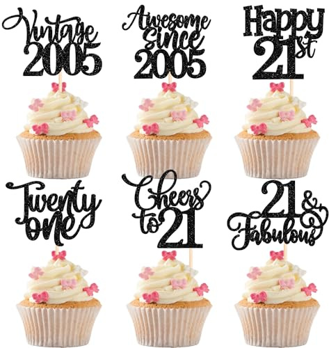 SYKYCTCY 24 Pack Happy 21st Birthday Cupcake Topper Glitter Twenty One 21 Fabulous Vintage 2005 Cupcake Picks Cheers to 21 Years Cake Decoration for 21st Birthday Party Supplies