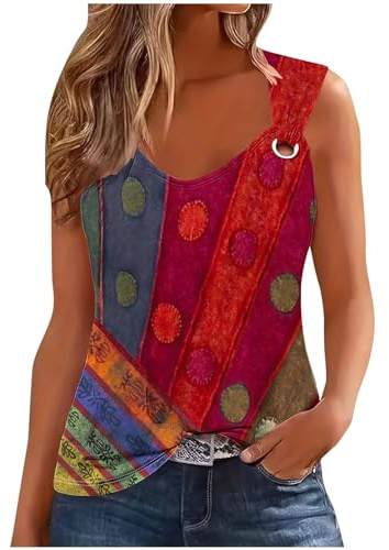 TheSosy Tank Top Women Casual V Neck Camis Tops Retro Print Wide Straps Sleeveless Tee Shirts Blouses Ladies Casual Loose Summer Vests Tops Women's Printed Camisole Summer Tops UK