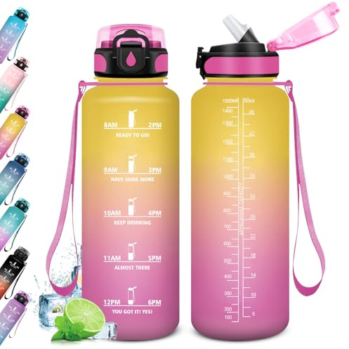 Gourde 1.5L, Gourde Sport avec Paille, Bouteille de Motivation, Bouteille d'eau Sport Étanche, Bouteille Reutilisable, Gourde Graduée pour 1 Journee, Bouteille d'eau pour Adulte, Randonnée, Sport