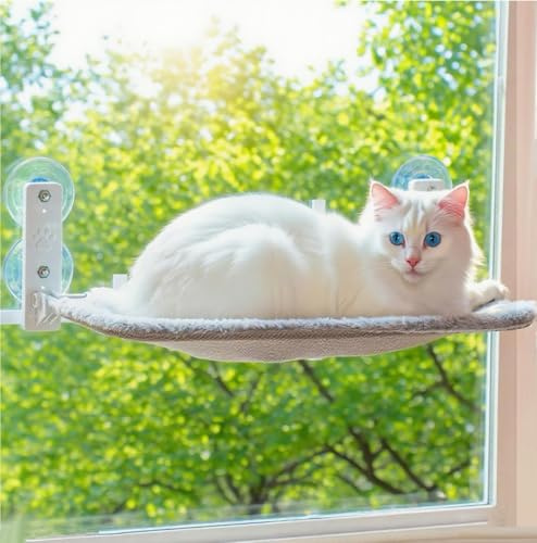 BnbnPup Fensterliege für Katzen Katzenbett Fenster Hängematte mit Starken Saugnäpfen bis 18kg – Abnehmbarer & Wendbarer Bezug, Faltbar & Stabil (Grau, L)