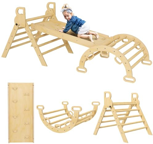AIYAPLAY Triangle Arche d'escalade Enfants 5 en 1 avec Triangle d'escalade, Rampe réversible, Toboggan, Bascule, Charge maximale 50 kg, pour bébé 18-48 Mois, Effet Bois Naturel