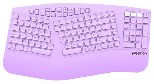 MEETION Ergonomic Keyboard Wireless, Multi-Device Bluetooth Keyboard, Full-Sized Rechargeable Split Computer Keyboards, Wrist Rest for Natural Typing, for Windows/Mac/Laptop/Table/PC, Purple
