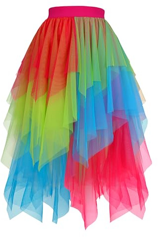 Hanpceirs Women's Tulle Skirts High Low Layered A-line Midi Skirt Irregular Tutu for Women Rainbow Medium