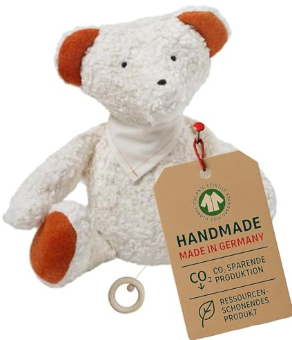 Efie Spieluhr Teddy - 100 % Baumwollplüsch, Schurwolle-Füllung, mit Filzdetails – GOTS-zertifiziert – handgefertigt Made in Germany - (LaLeLu)