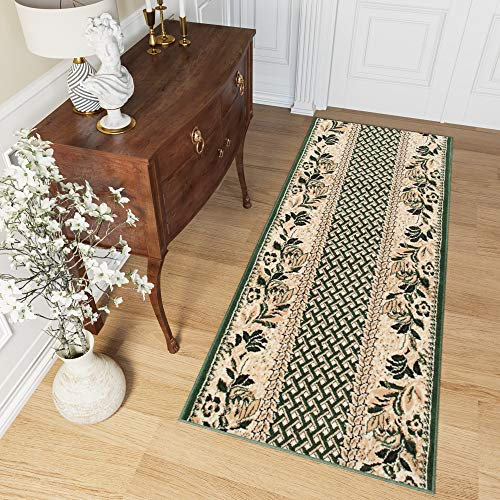 TAPISO Atlas Teppich Läufer Meterware Flur Kurzflor Wohnzimmer Küche Karo Streifen Floral Blumen Grün Creme Meliert ÖKOTEX 70 x 380 cm
