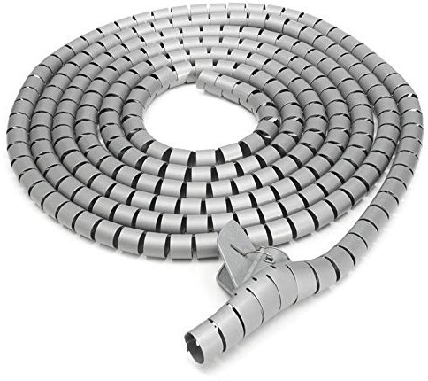 BE-TOOL - Avvolgicavo a spirale, 2 m x 15 mm, con morsetto per PC, TV, DVD, antenna stereo, ecc., colore: grigio